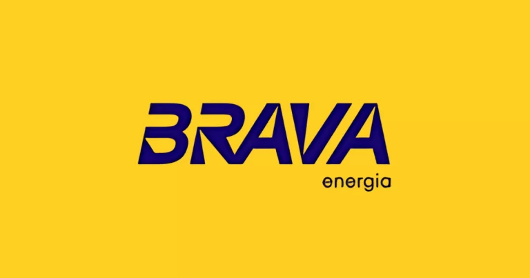 Ações Brav3 (Brava Energia) e turbinas eólicas em fundo de paisagem sustentável