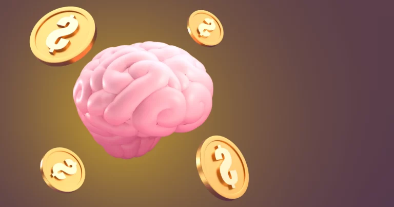 Cérebro rosa flutuando cercado por moedas douradas com símbolo de cifrão, representando finanças comportamentais e vieses cognitivos
