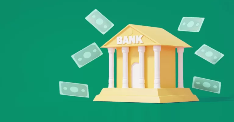 Ilustração de um banco estilizado com notas de dinheiro ao redor, representando investimentos em renda fixa para 2025