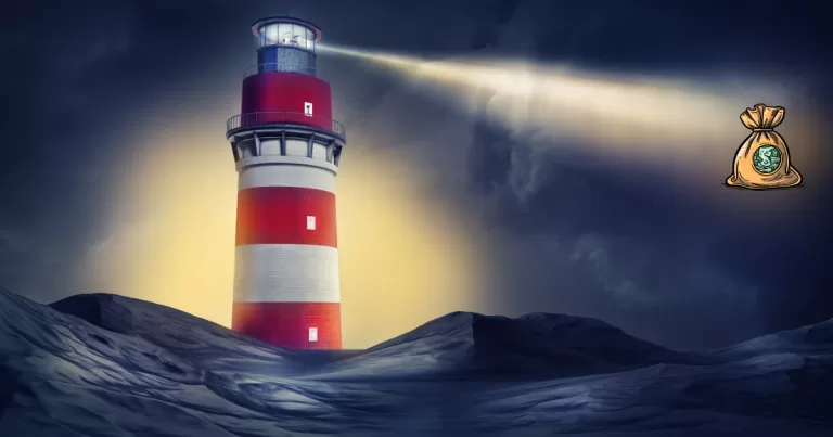 Farol iluminando o mar à noite, simbolizando segurança e orientação em tempos de incerteza nos investimentos
