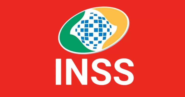 Logo do INSS em fundo vermelho com detalhes de fraudes e verificação de benefícios