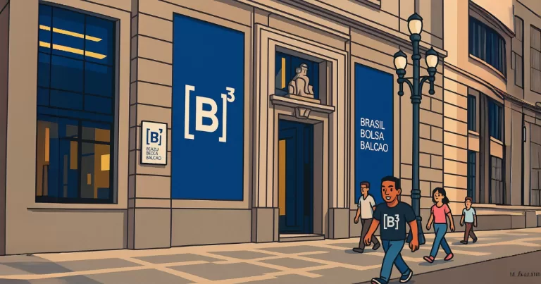 Ilustração digital em estilo flat da fachada da B3 — Brasil, Bolsa, Balcão — com pessoas caminhando em frente ao prédio histórico localizado no centro de São Paulo.