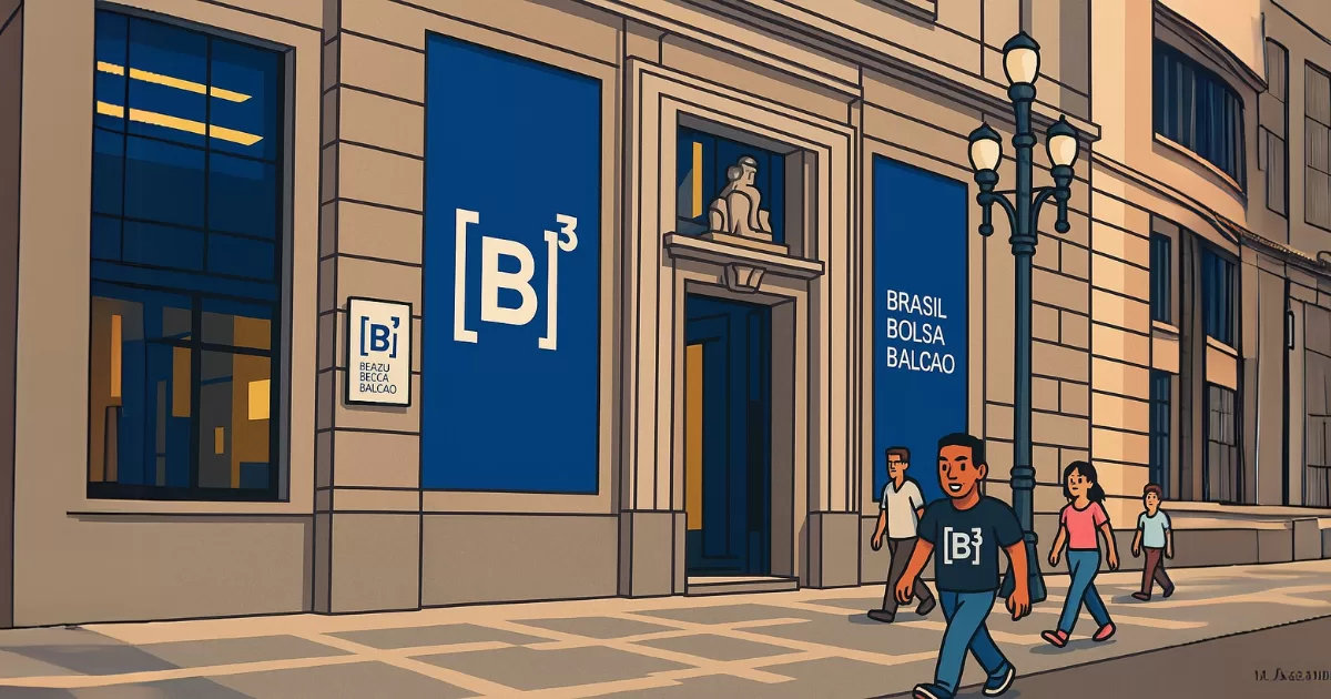 Arte digital retratando a entrada da B3 (Brasil, Bolsa, Balcão), com elementos urbanos e pessoas transitando no centro histórico de São Paulo.