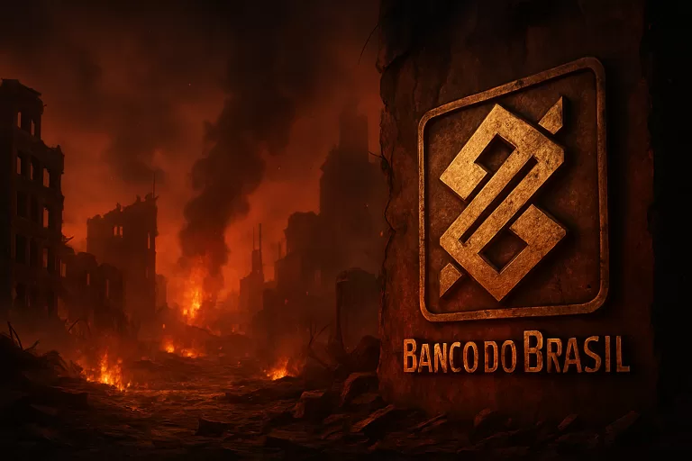 Logo do Banco do Brasil (BBAS3) com fundo em chamas, representando a análise das ações e se vale a pena investir em 2025