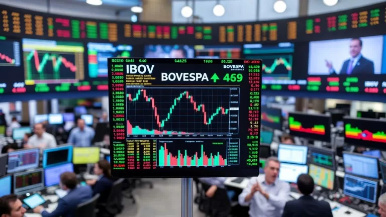 Gráfico do Ibovespa em alta com tela de bolsa de valores e traders ativos – projeções otimistas para 2026