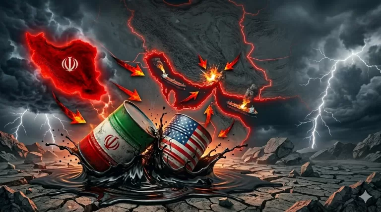Estreito de Hormuz com barris de petróleo das bandeiras do Irã e EUA em cenário de conflito geopolítico