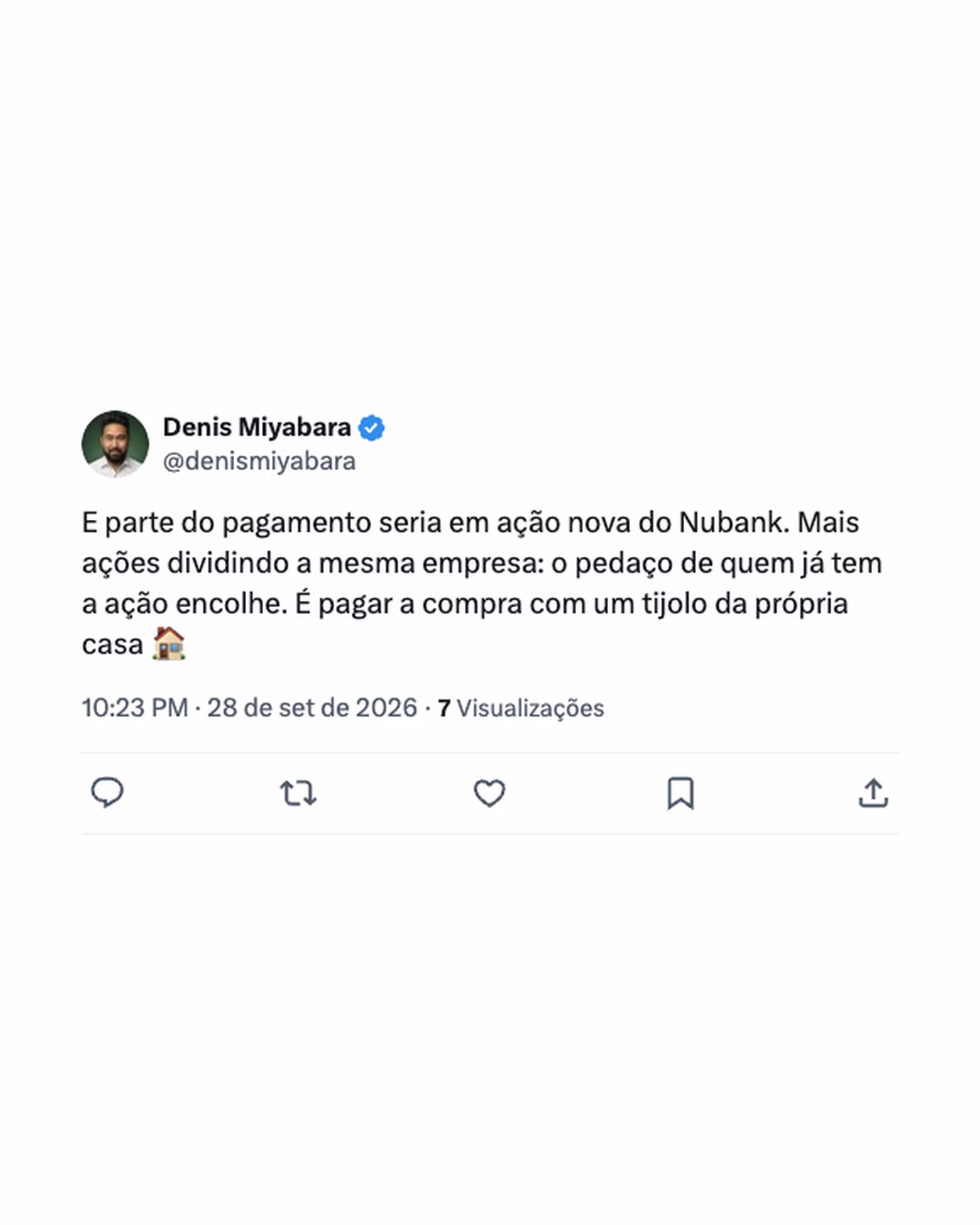 Post de Denis Miyabara no X explicando que o Nubank pagaria parte do Monzo com ação nova, o que encolhe o pedaço de quem já tem a ação
