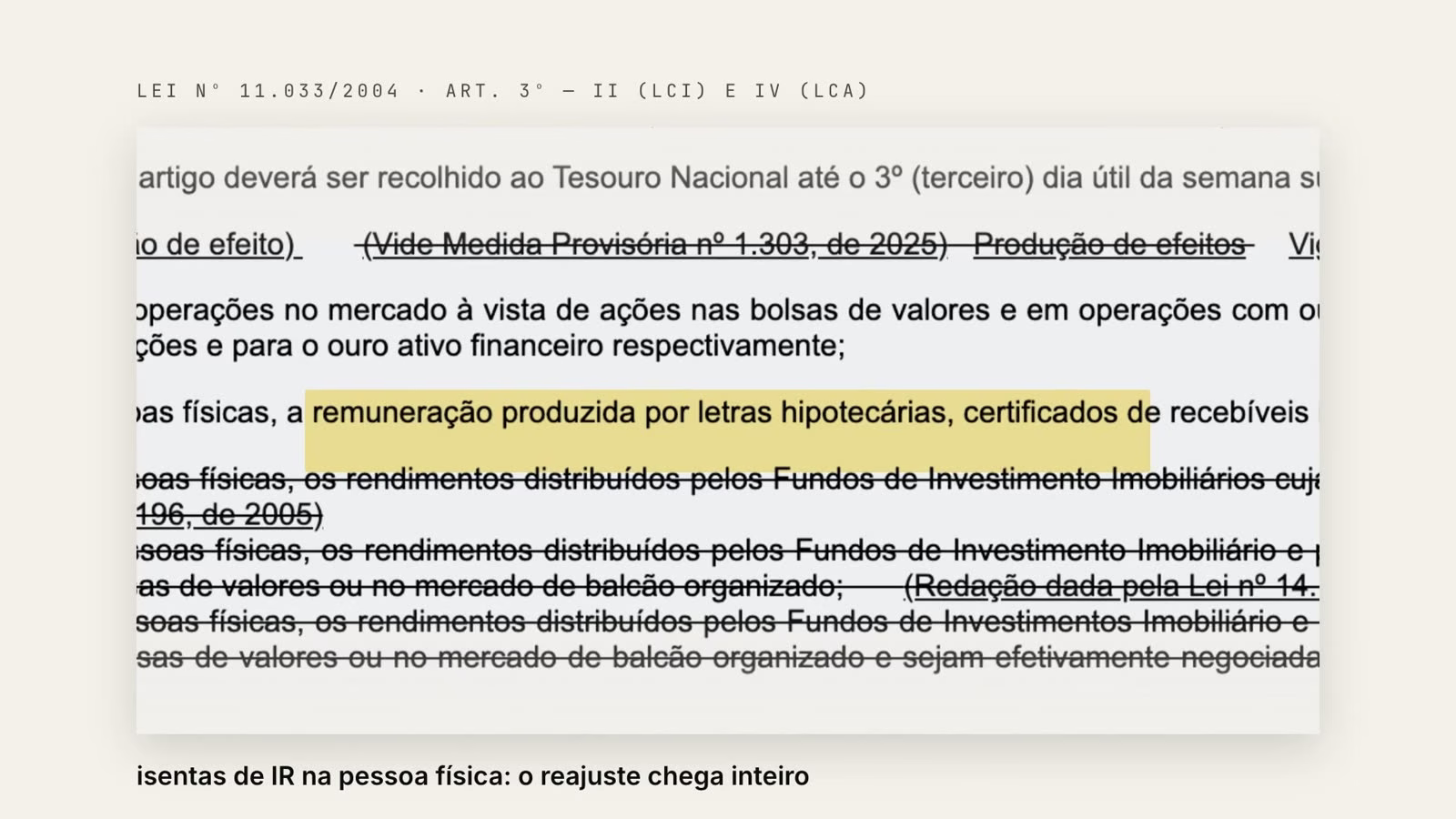 Trecho da Lei 11.033 de 2004, artigo 3º, destacando a isenção de imposto de renda para letras hipotecárias e LCI na pessoa física