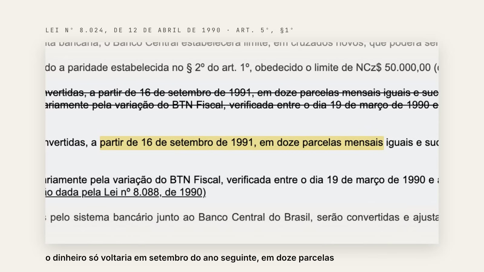 Trecho da Lei 8.024 de 1990 destacando a devolução a partir de 16 de setembro de 1991 em doze parcelas mensais