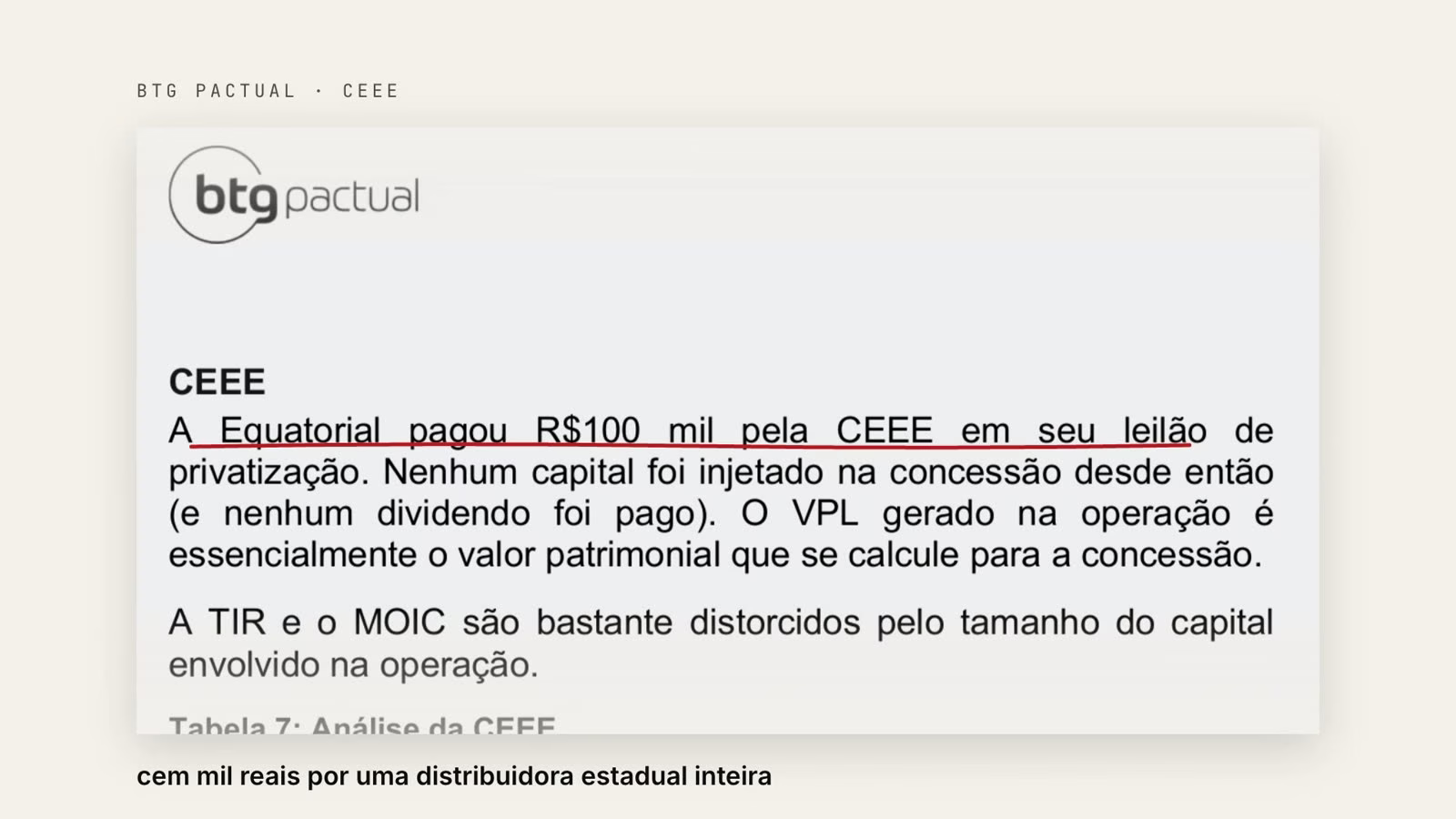 Trecho do relatório do BTG Pactual: a Equatorial pagou R$ 100 mil pela CEEE em seu leilão de privatização