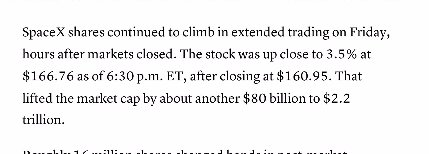 Trecho da CNBC informando que a ação da SpaceX fechou o primeiro dia a US$ 160,95