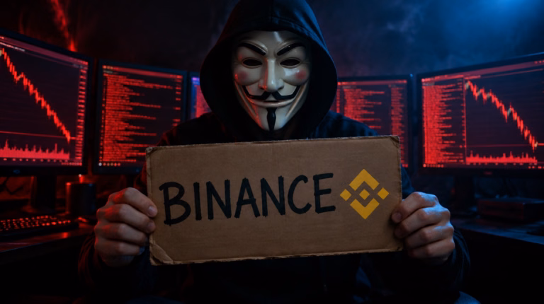 Hacker de moletom preto com máscara do Anonymous segura uma placa de papelão escrita Binance, na frente de telas com gráficos em queda