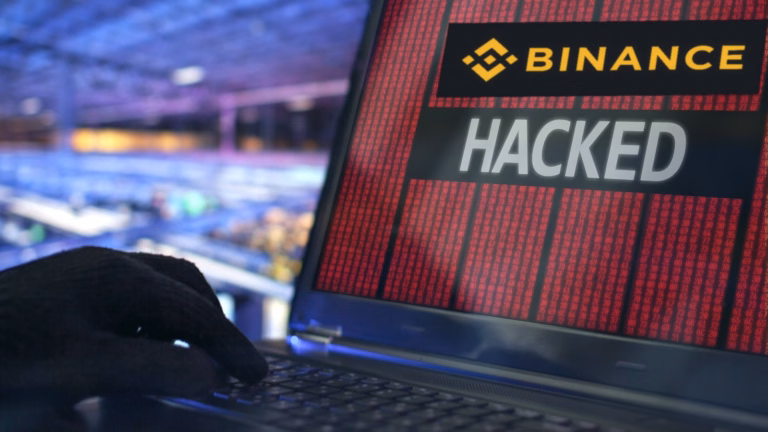 Mão de luva preta digita num notebook com a tela vermelha mostrando o logo da Binance e a palavra HACKED