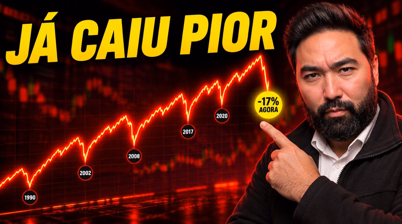 Denis Miyabara aponta para a queda de 17% no gráfico da bolsa, ao lado das quedas de 1990, 2002, 2008, 2017 e 2020, com o texto já caiu pior