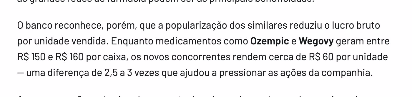 Relatório citado pelo Seu Dinheiro: Ozempic e Wegovy geram R$ 150 a R$ 160 por caixa e os similares cerca de R$ 60