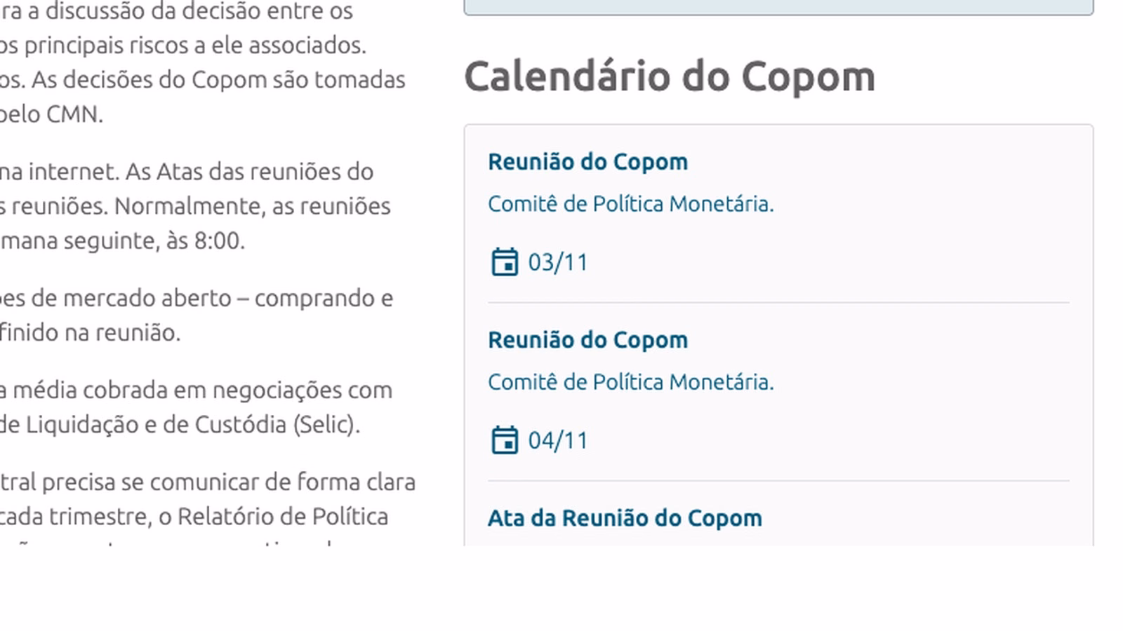 Calendário do Banco Central com as reuniões do Copom em 3 e 4 de novembro