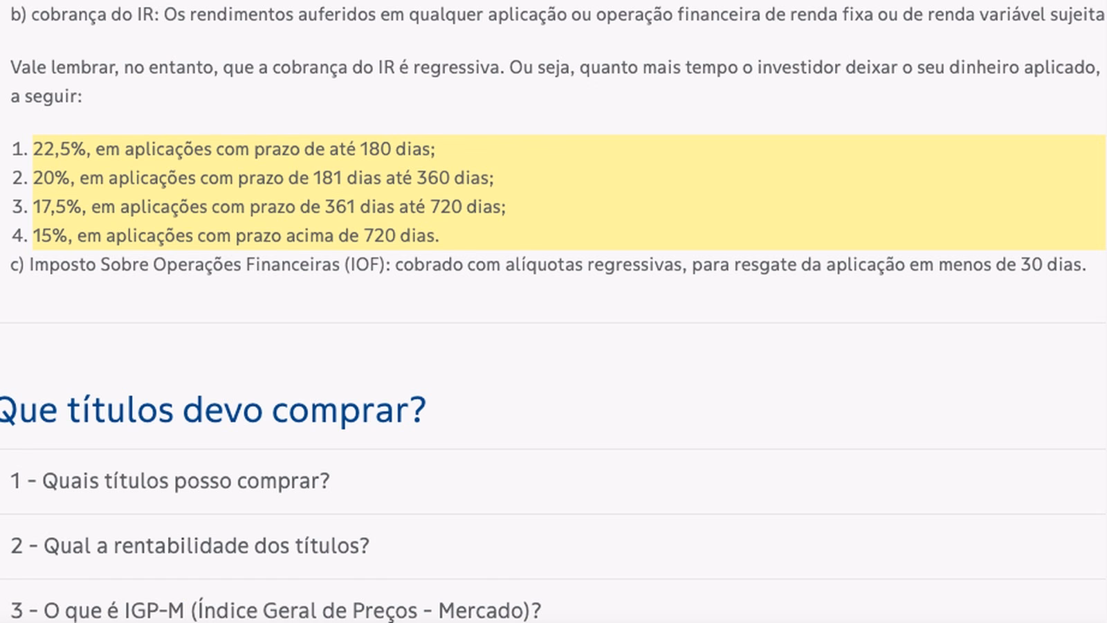 Tabela da B3 com o imposto de renda regressivo do Tesouro Direto: 22,5%, 20%, 17,5% e 15%