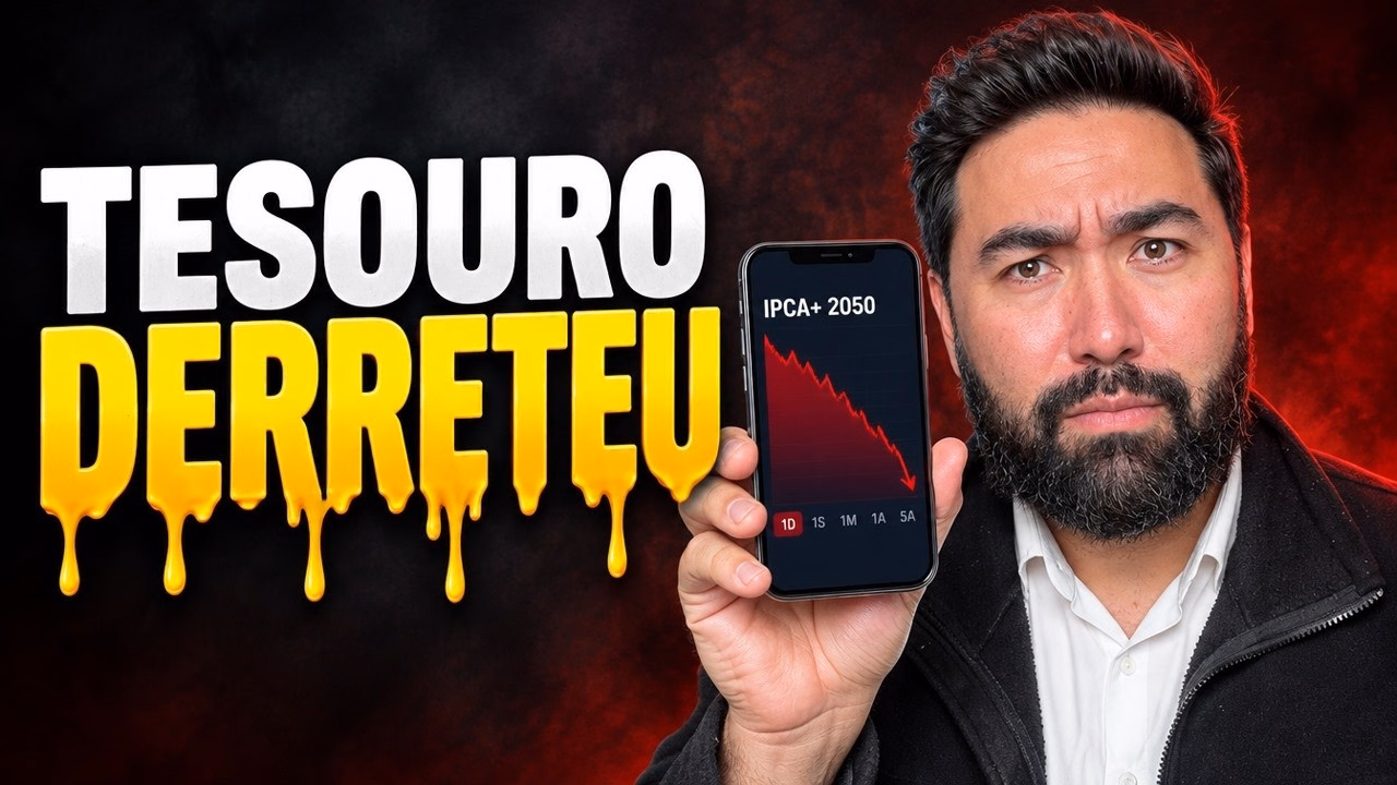 Denis Miyabara segura um celular com o gráfico do Tesouro IPCA+ 2050 em queda, ao lado do texto Tesouro derreteu