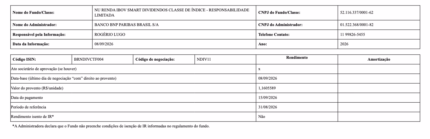 Aviso de rendimento do NDIV11 na B3 de setembro de 2026 com rendimento isento de IR: Não
