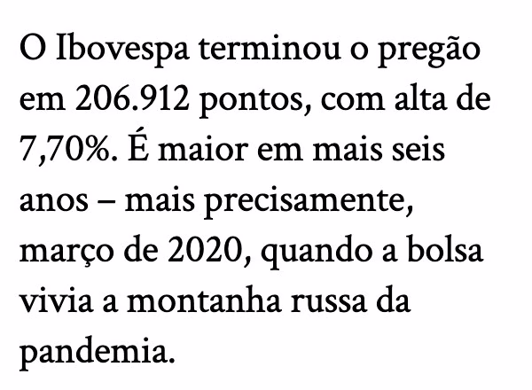 Trecho de notícia: o Ibovespa terminou o pregão em 206.912 pontos, com alta de 7,70%, a maior desde março de 2020