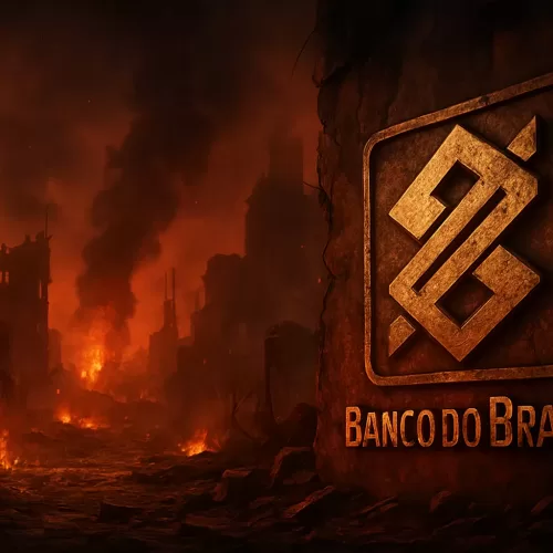 Imagem ilustrativa para o artigo sobre a análise das ações do Banco do Brasil (ticker BBAS3) e a discussão se ainda vale a pena investir em 2025. Apresenta o logo do Banco do Brasil com um fundo estilizado em chamas, simbolizando o momento de "derretimento" e volatilidade das ações