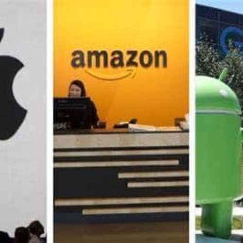 Faixada das lojas da Apple, Amazon e Microsoft