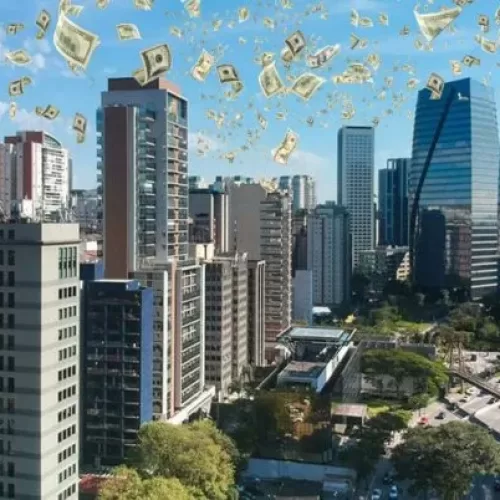 Skyline urbano simbolizando oportunidades de investimento em fundos imobiliários como o KNCR11, que lança sua 12ª emissão de cotas em 2025